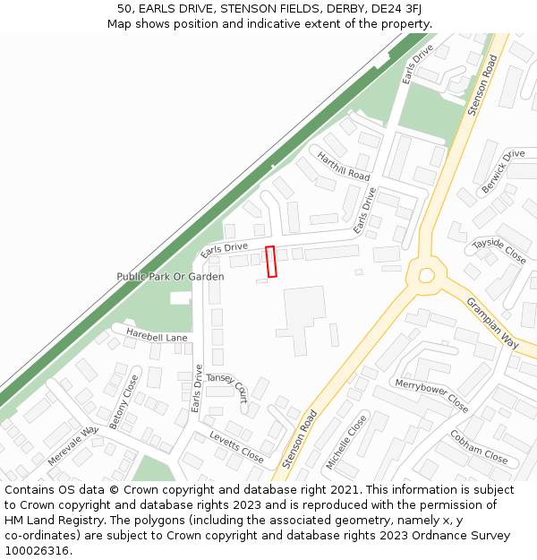 50, EARLS DRIVE, STENSON FIELDS, DERBY, DE24 3FJ: Location map and indicative extent of plot