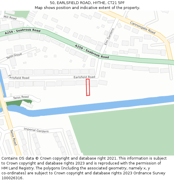 50, EARLSFIELD ROAD, HYTHE, CT21 5PF: Location map and indicative extent of plot