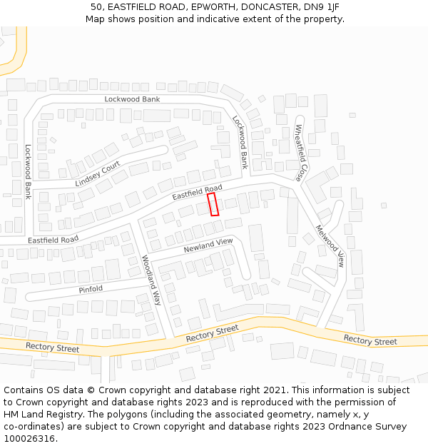 50, EASTFIELD ROAD, EPWORTH, DONCASTER, DN9 1JF: Location map and indicative extent of plot