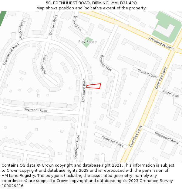 50, EDENHURST ROAD, BIRMINGHAM, B31 4PQ: Location map and indicative extent of plot