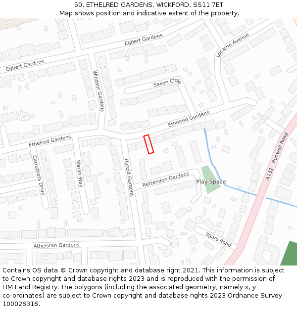 50, ETHELRED GARDENS, WICKFORD, SS11 7ET: Location map and indicative extent of plot