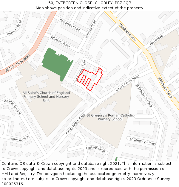 50, EVERGREEN CLOSE, CHORLEY, PR7 3QB: Location map and indicative extent of plot