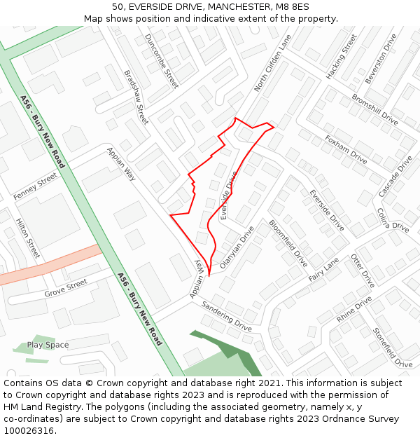 50, EVERSIDE DRIVE, MANCHESTER, M8 8ES: Location map and indicative extent of plot