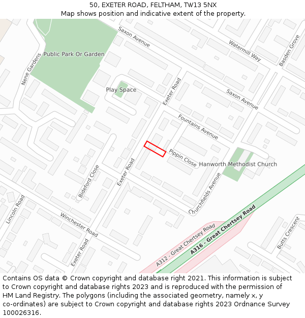50, EXETER ROAD, FELTHAM, TW13 5NX: Location map and indicative extent of plot