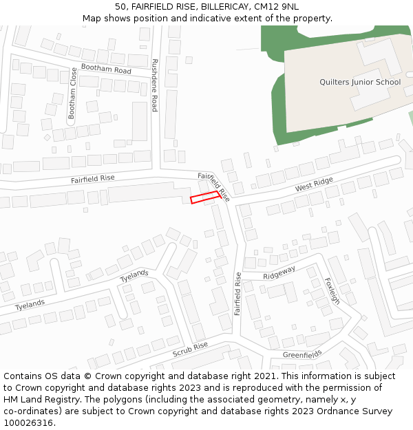 50, FAIRFIELD RISE, BILLERICAY, CM12 9NL: Location map and indicative extent of plot