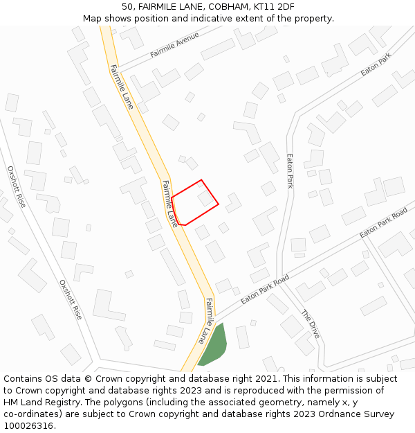 50, FAIRMILE LANE, COBHAM, KT11 2DF: Location map and indicative extent of plot