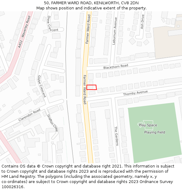 50, FARMER WARD ROAD, KENILWORTH, CV8 2DN: Location map and indicative extent of plot