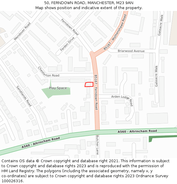 50, FERNDOWN ROAD, MANCHESTER, M23 9AN: Location map and indicative extent of plot