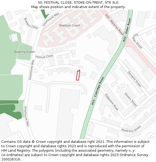 50, FESTIVAL CLOSE, STOKE-ON-TRENT, ST6 3LG: Location map and indicative extent of plot