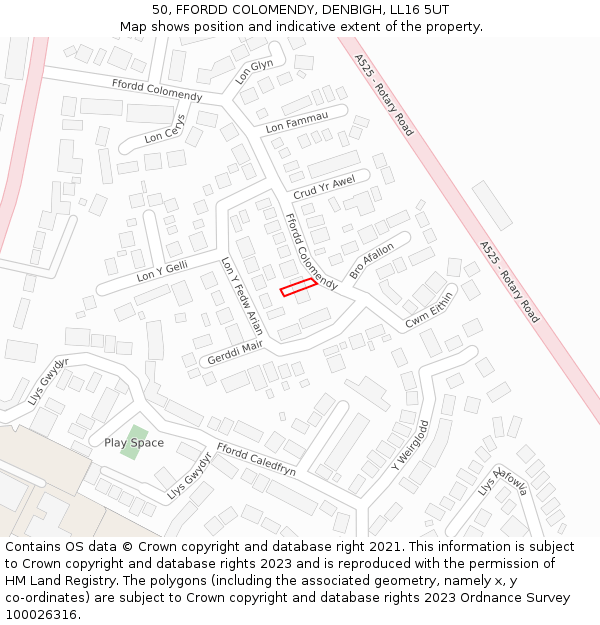 50, FFORDD COLOMENDY, DENBIGH, LL16 5UT: Location map and indicative extent of plot