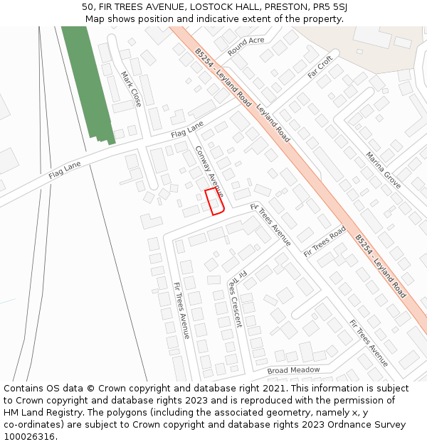 50, FIR TREES AVENUE, LOSTOCK HALL, PRESTON, PR5 5SJ: Location map and indicative extent of plot