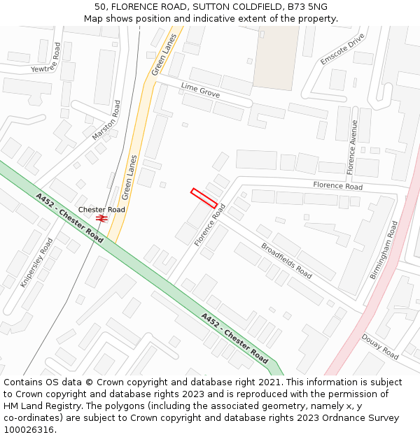 50, FLORENCE ROAD, SUTTON COLDFIELD, B73 5NG: Location map and indicative extent of plot