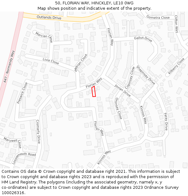 50, FLORIAN WAY, HINCKLEY, LE10 0WG: Location map and indicative extent of plot