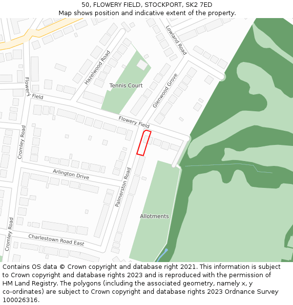 50, FLOWERY FIELD, STOCKPORT, SK2 7ED: Location map and indicative extent of plot