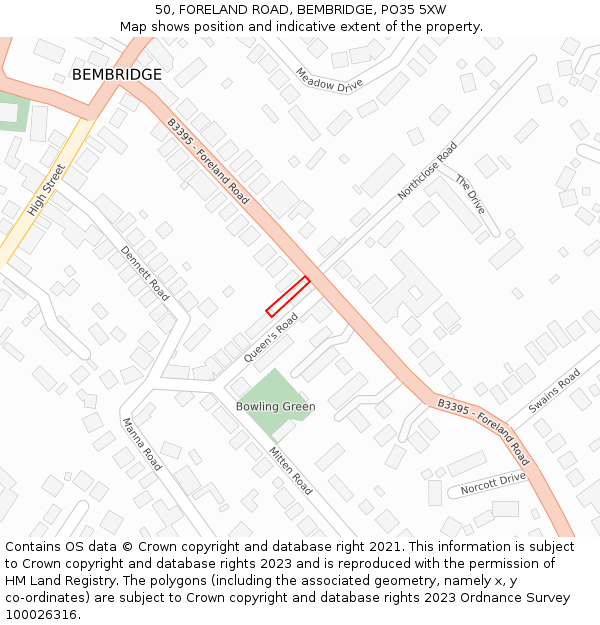 50, FORELAND ROAD, BEMBRIDGE, PO35 5XW: Location map and indicative extent of plot