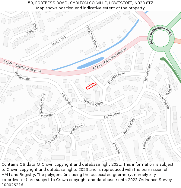 50, FORTRESS ROAD, CARLTON COLVILLE, LOWESTOFT, NR33 8TZ: Location map and indicative extent of plot