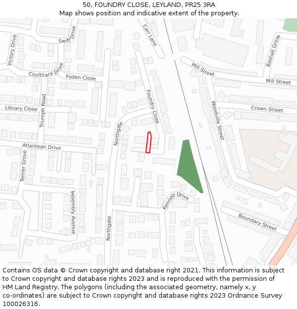 50, FOUNDRY CLOSE, LEYLAND, PR25 3RA: Location map and indicative extent of plot