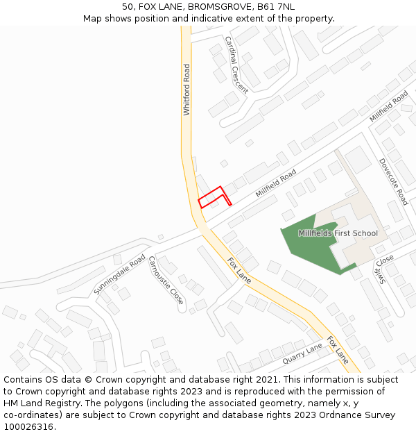 50, FOX LANE, BROMSGROVE, B61 7NL: Location map and indicative extent of plot