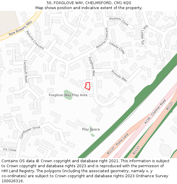 50, FOXGLOVE WAY, CHELMSFORD, CM1 6QS: Location map and indicative extent of plot