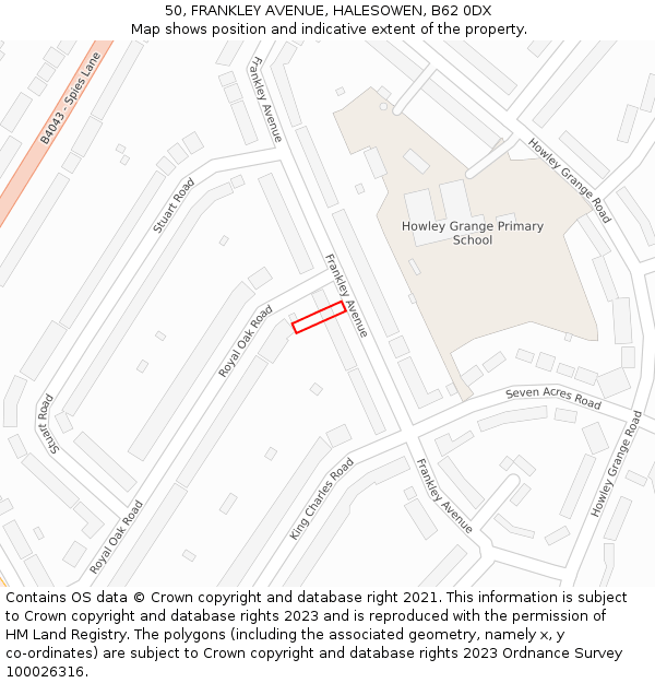 50, FRANKLEY AVENUE, HALESOWEN, B62 0DX: Location map and indicative extent of plot