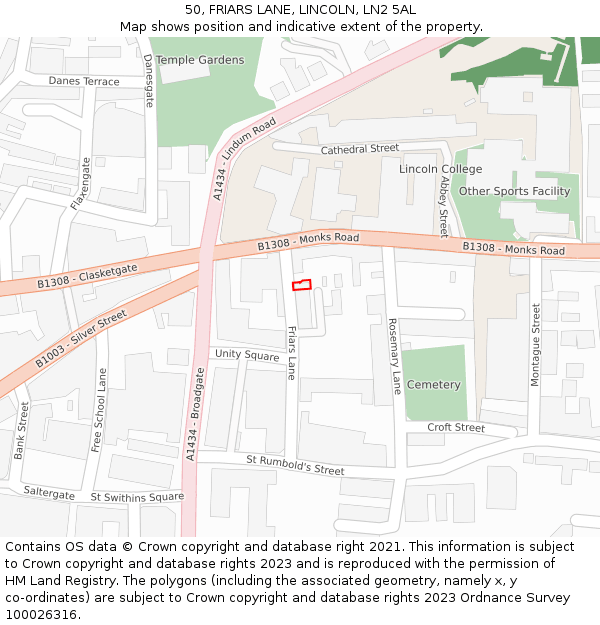 50, FRIARS LANE, LINCOLN, LN2 5AL: Location map and indicative extent of plot