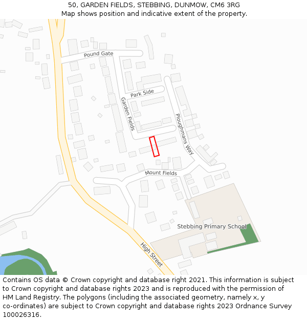 50, GARDEN FIELDS, STEBBING, DUNMOW, CM6 3RG: Location map and indicative extent of plot