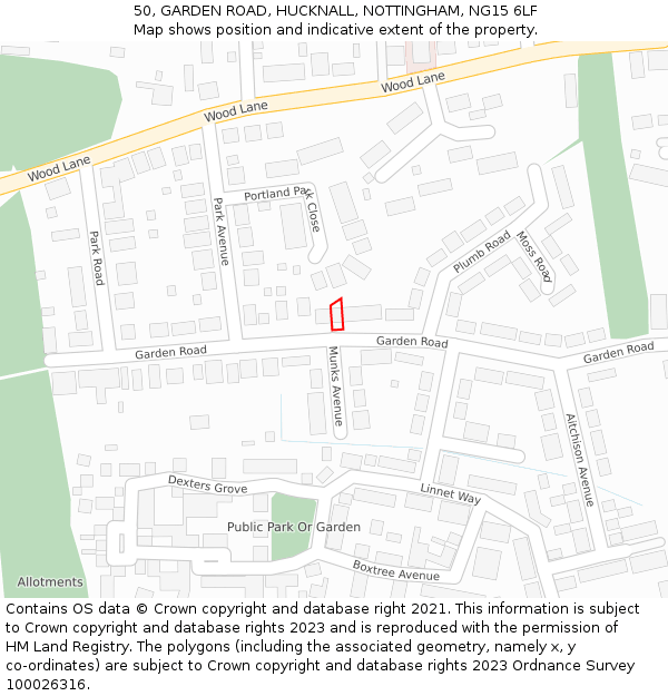 50, GARDEN ROAD, HUCKNALL, NOTTINGHAM, NG15 6LF: Location map and indicative extent of plot