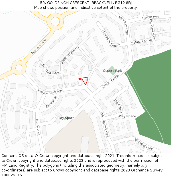 50, GOLDFINCH CRESCENT, BRACKNELL, RG12 8BJ: Location map and indicative extent of plot