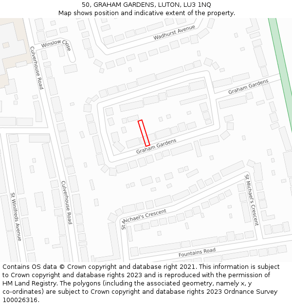 50, GRAHAM GARDENS, LUTON, LU3 1NQ: Location map and indicative extent of plot