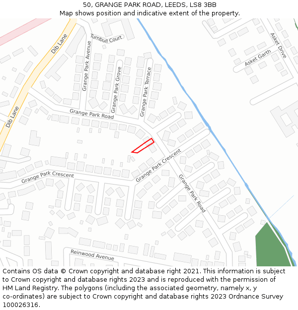 50, GRANGE PARK ROAD, LEEDS, LS8 3BB: Location map and indicative extent of plot