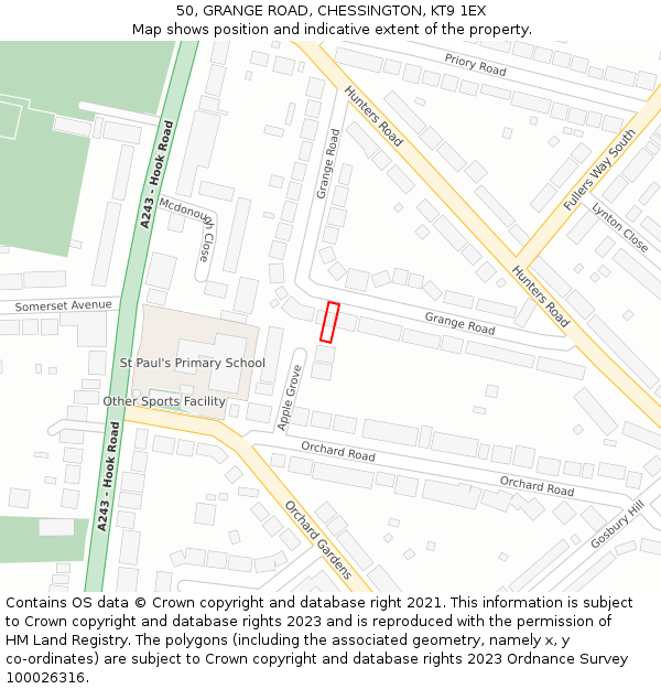 50, GRANGE ROAD, CHESSINGTON, KT9 1EX: Location map and indicative extent of plot