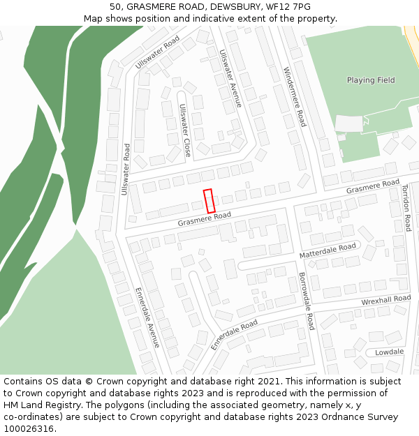 50, GRASMERE ROAD, DEWSBURY, WF12 7PG: Location map and indicative extent of plot