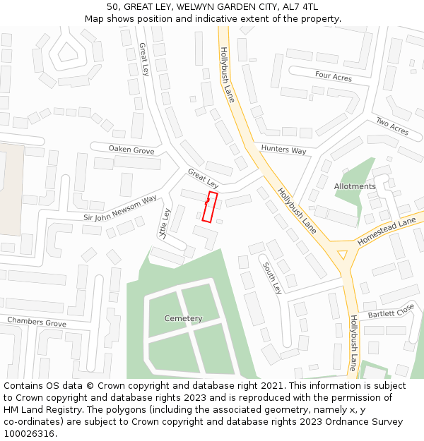 50, GREAT LEY, WELWYN GARDEN CITY, AL7 4TL: Location map and indicative extent of plot