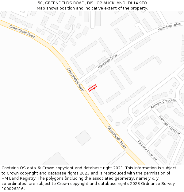 50, GREENFIELDS ROAD, BISHOP AUCKLAND, DL14 9TQ: Location map and indicative extent of plot