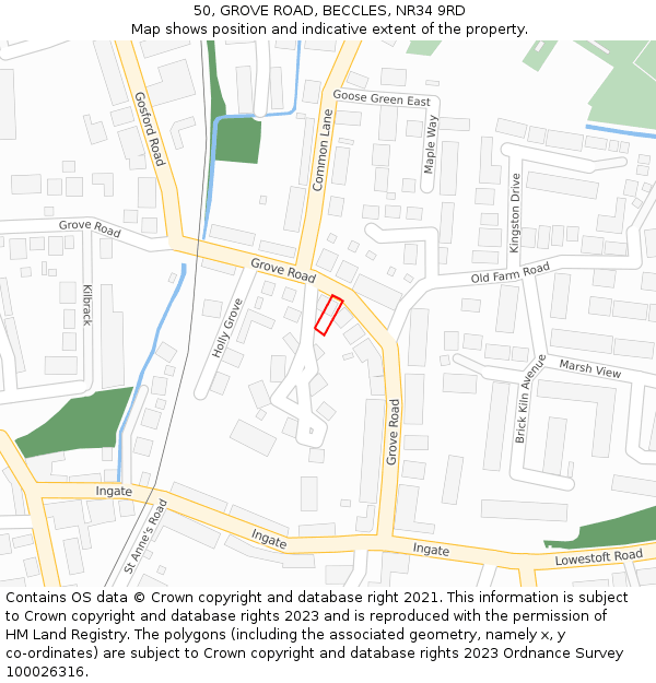 50, GROVE ROAD, BECCLES, NR34 9RD: Location map and indicative extent of plot