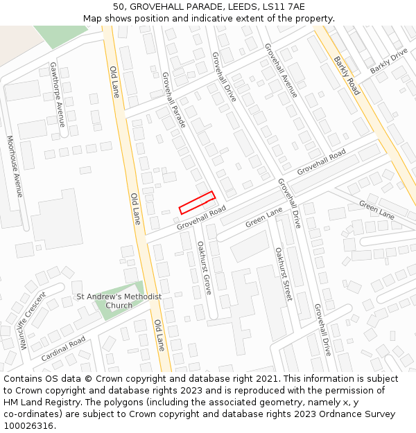 50, GROVEHALL PARADE, LEEDS, LS11 7AE: Location map and indicative extent of plot