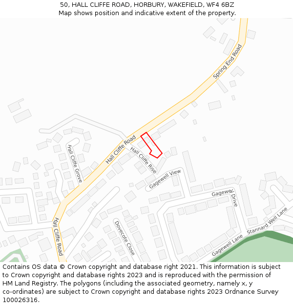 50, HALL CLIFFE ROAD, HORBURY, WAKEFIELD, WF4 6BZ: Location map and indicative extent of plot