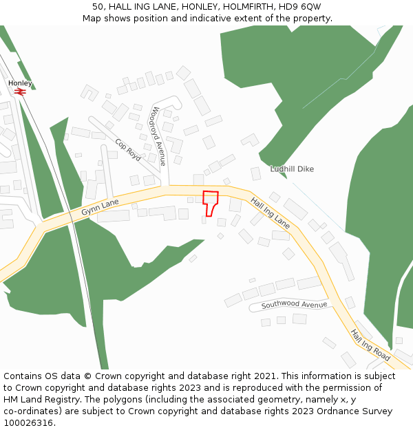 50, HALL ING LANE, HONLEY, HOLMFIRTH, HD9 6QW: Location map and indicative extent of plot