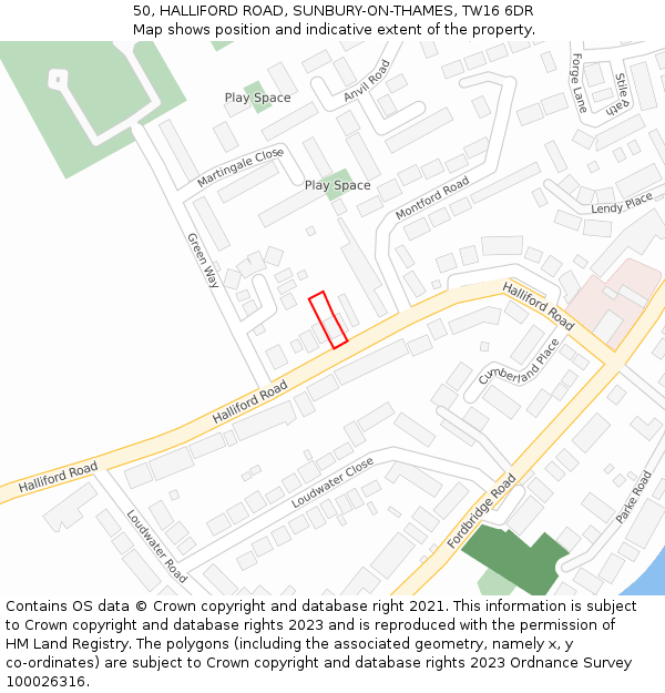 50, HALLIFORD ROAD, SUNBURY-ON-THAMES, TW16 6DR: Location map and indicative extent of plot