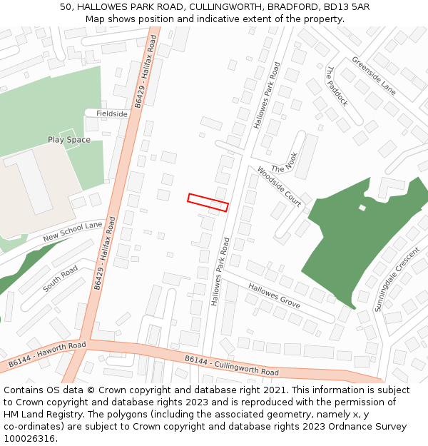 50, HALLOWES PARK ROAD, CULLINGWORTH, BRADFORD, BD13 5AR: Location map and indicative extent of plot