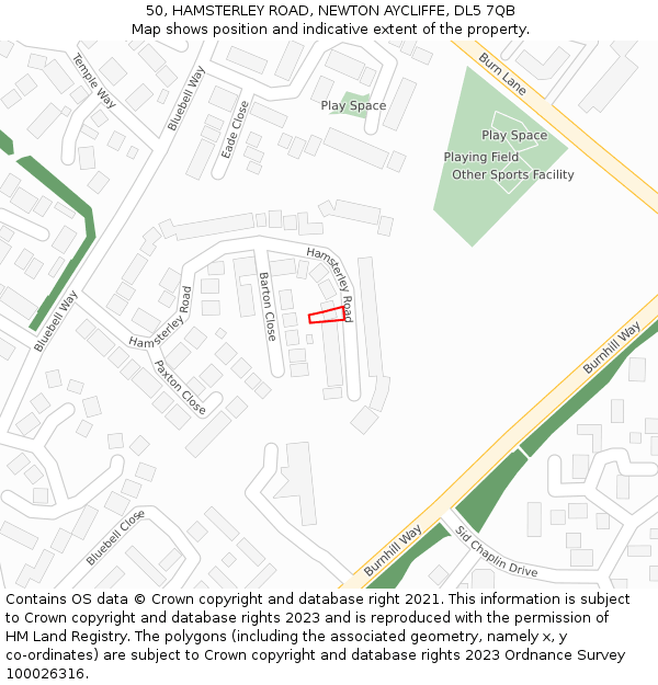 50, HAMSTERLEY ROAD, NEWTON AYCLIFFE, DL5 7QB: Location map and indicative extent of plot