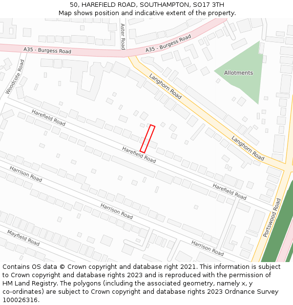 50, HAREFIELD ROAD, SOUTHAMPTON, SO17 3TH: Location map and indicative extent of plot