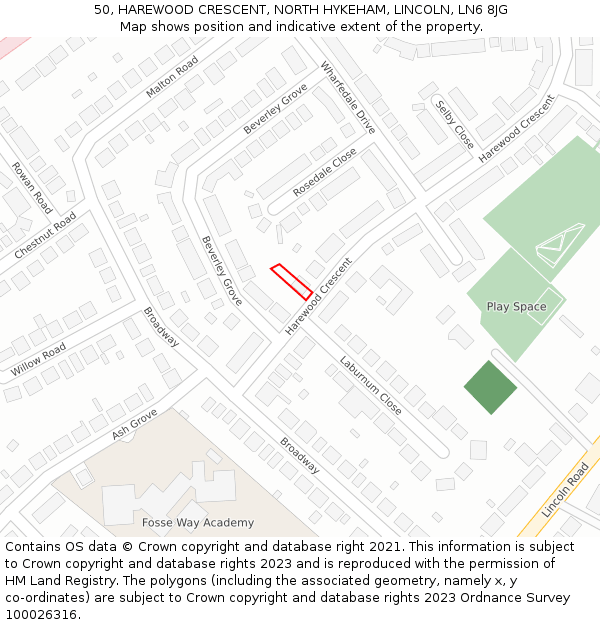 50, HAREWOOD CRESCENT, NORTH HYKEHAM, LINCOLN, LN6 8JG: Location map and indicative extent of plot