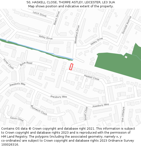 50, HASKELL CLOSE, THORPE ASTLEY, LEICESTER, LE3 3UA: Location map and indicative extent of plot