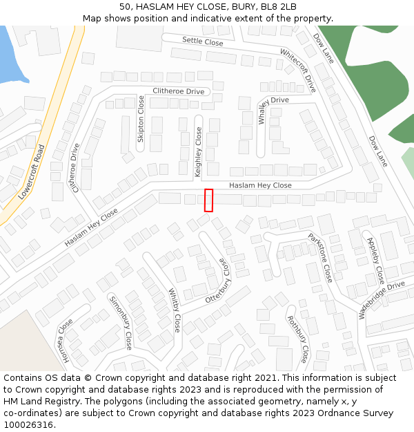 50, HASLAM HEY CLOSE, BURY, BL8 2LB: Location map and indicative extent of plot