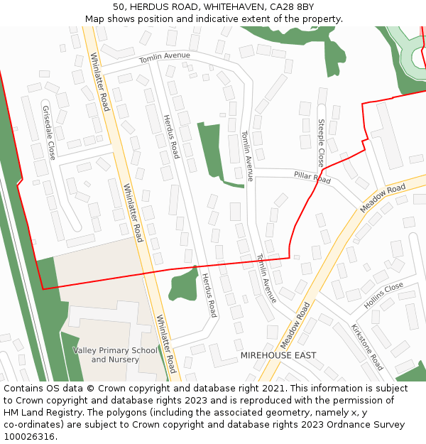 50, HERDUS ROAD, WHITEHAVEN, CA28 8BY: Location map and indicative extent of plot