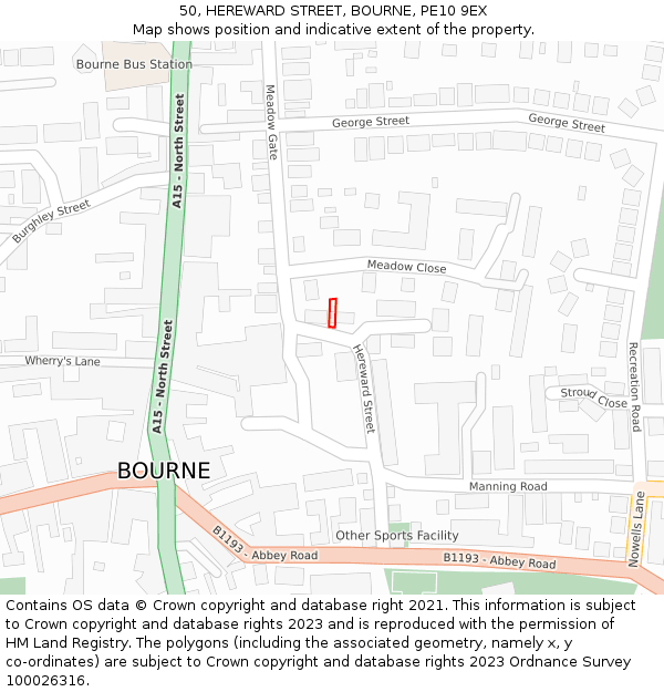 50, HEREWARD STREET, BOURNE, PE10 9EX: Location map and indicative extent of plot