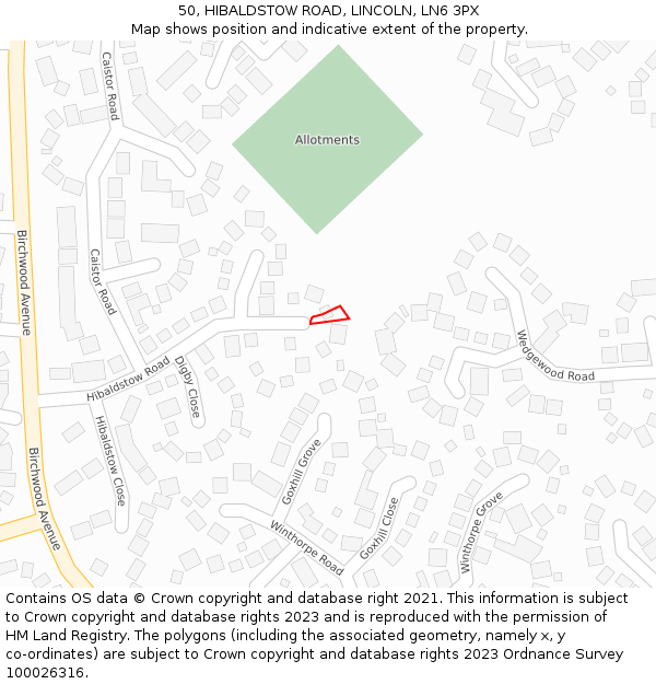 50, HIBALDSTOW ROAD, LINCOLN, LN6 3PX: Location map and indicative extent of plot