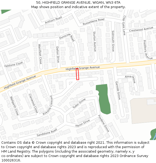 50, HIGHFIELD GRANGE AVENUE, WIGAN, WN3 6TA: Location map and indicative extent of plot