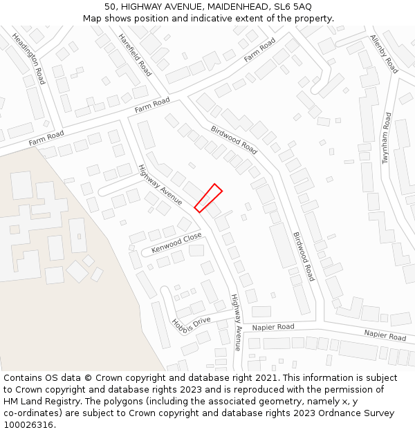50, HIGHWAY AVENUE, MAIDENHEAD, SL6 5AQ: Location map and indicative extent of plot
